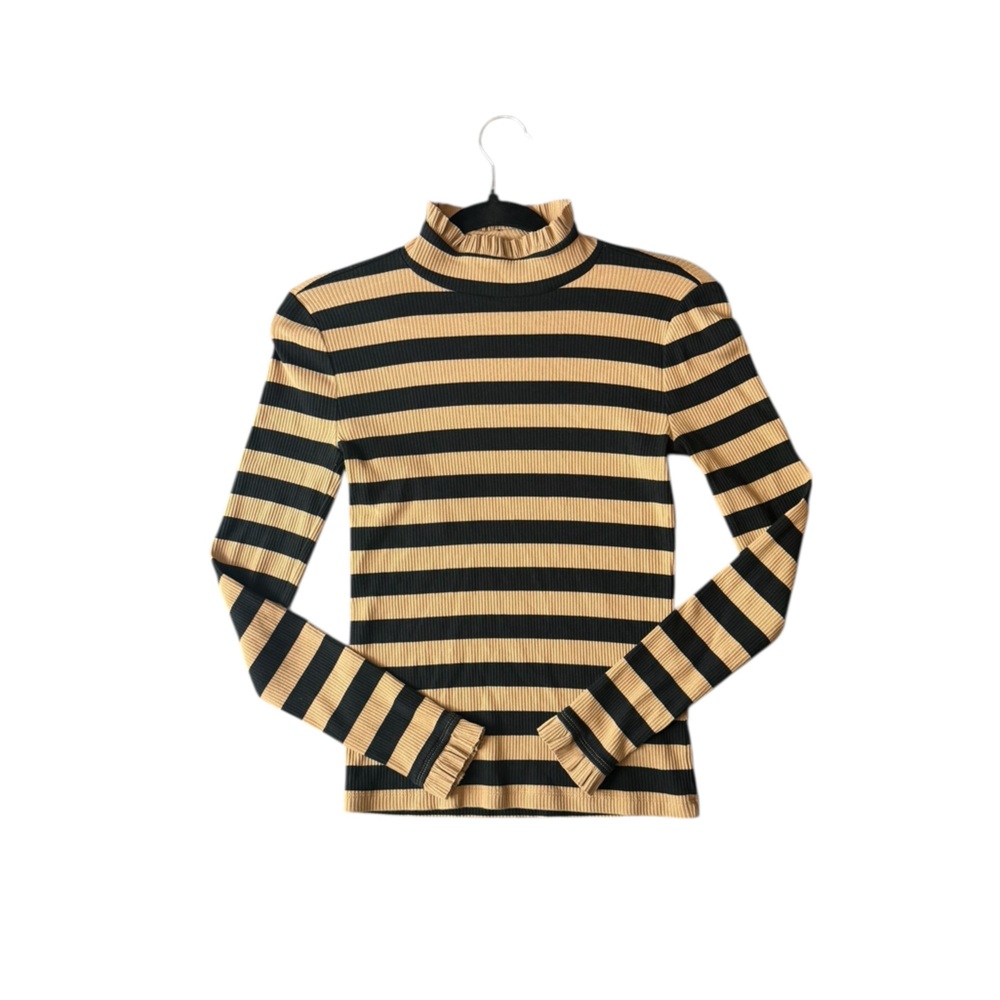 J.Crew Montauk Stripe Ribbed Mockneck XS Sand Black Breton Ruffle Trim - Picture 10 of 16